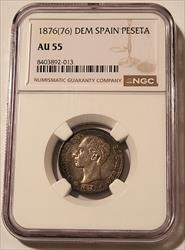 Spain Alfonso XII 1876 (76) DE M Silver Peseta AU55 NGC Toned One Year Type