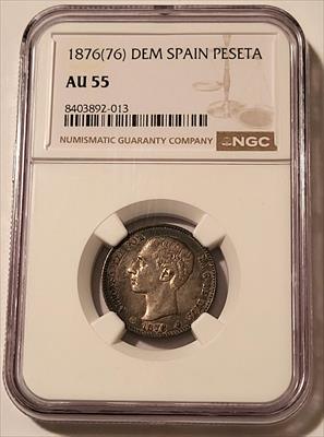 Spain Alfonso XII 1876 (76) DE M Silver Peseta AU55 NGC Toned One Year Type