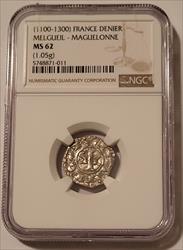 Middle Ages - France Melgueil - Maguelonne (1100-1300) Silver Denier MS62 NGC