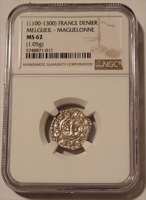 Middle Ages - France Melgueil - Maguelonne (1100-1300) Silver Denier MS62 NGC