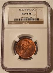 India - British - Victoria 1889 (C) 1/4 Anna MS63 RB NGC