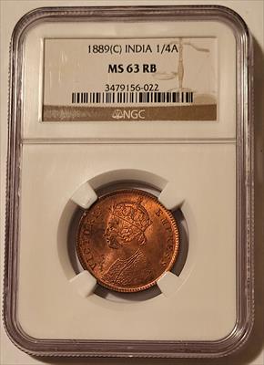 India - British - Victoria 1889 (C) 1/4 Anna MS63 RB NGC