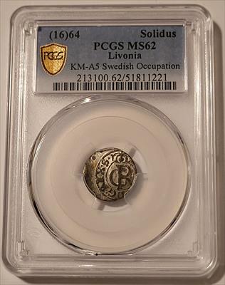 Livonia - Swedish Occupation - Charles XI 1664 Silver Solidus KM-A5 MS62 PCGS GSH