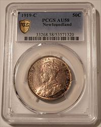 Canada Newfoundland George V 1919 C Silver 50 Cents AU58 PCGS GSH Toned