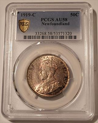 Canada Newfoundland George V 1919 C Silver 50 Cents AU58 PCGS GSH Toned