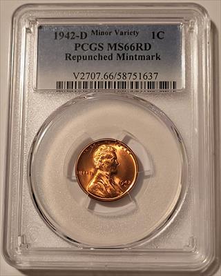 1942 D Lincoln Wheat Cent RPM Minor Variety MS66 RED PCGS