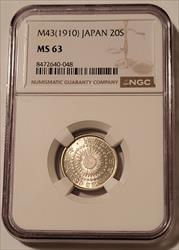 Japan Meiji Era 1910 Silver 20 Sen MS63 NGC
