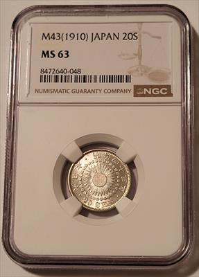 Japan Meiji Era 1910 Silver 20 Sen MS63 NGC