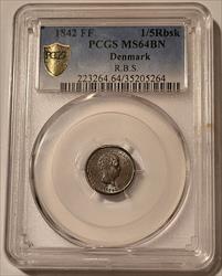 Denmark Christian VIII 1842 FF 1/5 Rigsbankskilling RBS MS64 BN PCGS GSH
