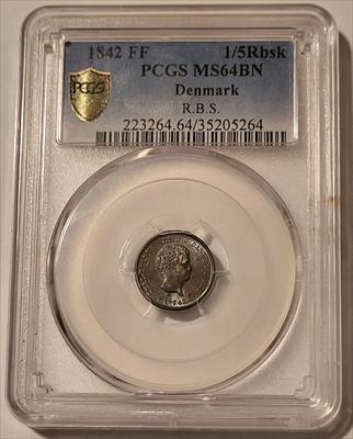 Denmark Christian VIII 1842 FF 1/5 Rigsbankskilling RBS MS64 BN PCGS GSH