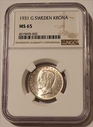 Sweden Gustaf V 1931 Silver Krona MS65 NGC