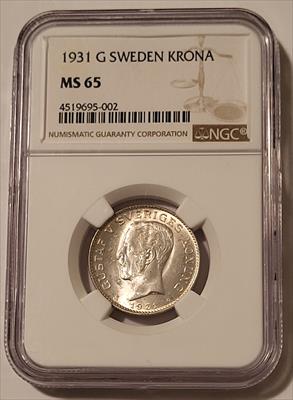 Sweden Gustaf V 1931 Silver Krona MS65 NGC