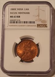 India - British - Victoria 1880 C 1/4 Anna Incuse Mint Mark MS63 RB NGC