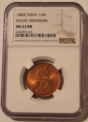 India - British - Victoria 1880 C 1/4 Anna Incuse Mint Mark MS63 RB NGC