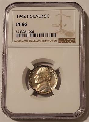 1942 P Jefferson Silver Nickel PF66 NGC Toning Low Proof Mintage