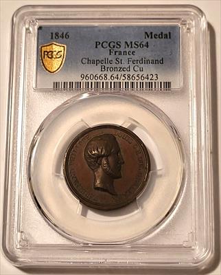 France 1846 Medal Chapelle St Ferdinand Bronzed Cu MS64 PCGS GSH