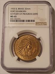 1933 IL Century of Progress Expo Brass Medal Fort Dearborn MS63 NGC