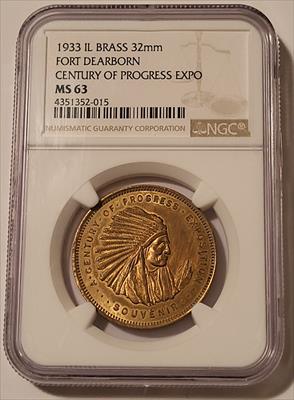 1933 IL Century of Progress Expo Brass Medal Fort Dearborn MS63 NGC