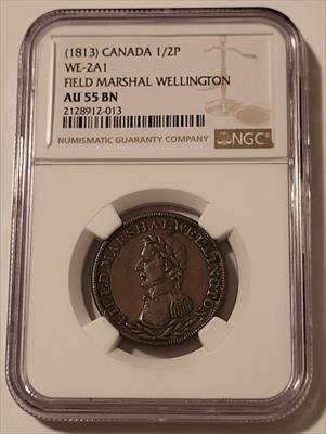 Canada (1813) 1/2 Penny Token Wellington WE-2A1 AU55 BN NGC