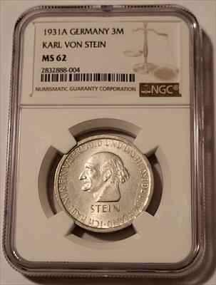 Germany Weimar Republic 1931 A Silver 3 Reichsmarks Karl von Stein MS62 NGC