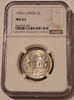Latvia 1926 Silver 2 Lati MS63 NGC