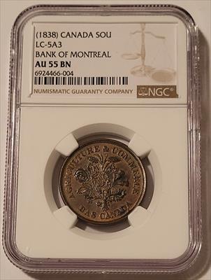 Canada Montreal People's Bank 1838 1 Sou Token LC-5A3 AU55 BN NGC
