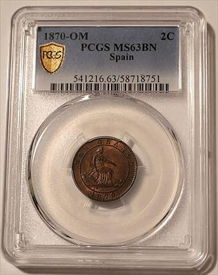 Spain 1870 OM 2 Centimos MS63 BN PCGS GSH
