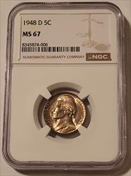 1948 D Jefferson Nickel Mint State 67 NGC Light Toning
