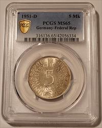 West Germany 1951 D Silver 5 Mark MS65 PCGS GSH