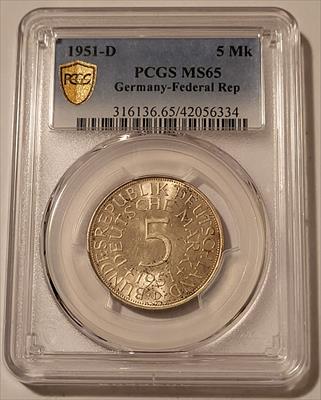 West Germany 1951 D Silver 5 Mark MS65 PCGS GSH