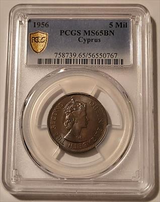Cyprus Elizabeth II 1956 5 Mils MS65 BN PCGS GSH