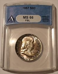 1957 Franklin Half Dollar MS66 FBL ANACS Nice Toning