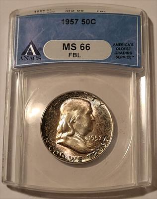 1957 Franklin Half Dollar MS66 FBL ANACS Nice Toning