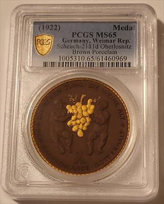 Germany Weimar Republic 1922 Porcelain Medal Oberlosnitz Scheuch-2181d MS65 PCGS GSH