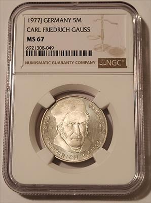 West Germany 1977 J Silver 5 Mark Carl Friedrich Gauss MS67 NGC