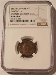 Civil War Token 1863 New York NY Charles Gentsch Cafe F-630AC-1a R3 MS62 BN NGC
