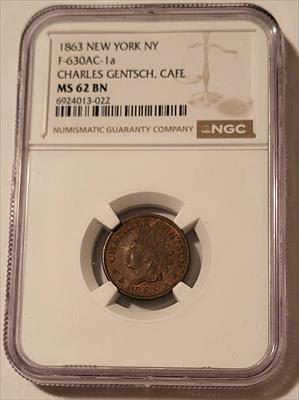 Civil War Token 1863 New York NY Charles Gentsch Cafe F-630AC-1a R3 MS62 BN NGC