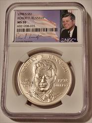 1998 S Robert F Kennedy Commemorative Silver Dollar MS70 NGC Portrait Label