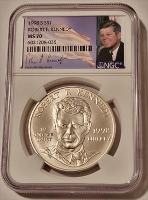 1998 S Robert F Kennedy Commemorative Silver Dollar MS70 NGC Portrait Label