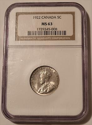 Canada George V 1922 5 Cents MS63 NGC