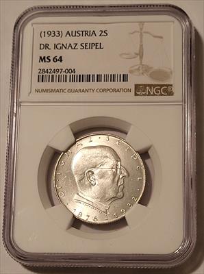 Austria 1933 Silver 2 Shilling Dr Ignaz Seipel MS64 NGC
