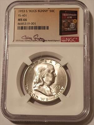1953 S Franklin Half Dollar Bugs Bunny Variety FS-401 MS66 NGC Fivaz Signed