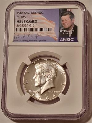 1966 Kennedy Half Dollar SMS DDO FS-106 MS67 Cameo NGC Portrait Label