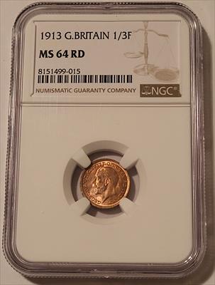 Great Britain George V 1913 1/3 Farthing MS64 RED NGC One-Year Type