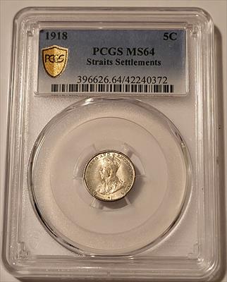 Straits Settlements (Malaysia) George V 1918 Silver 5 Cents MS64 PCGS GSH