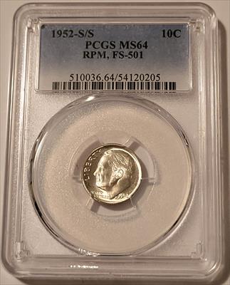 1952 S/S Roosevelt Dime RPM FS-501 MS64 PCGS
