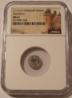 Hungary - Middle Ages - Stephen II (1116-31) Silver Denar MS61 NGC Scarce Type
