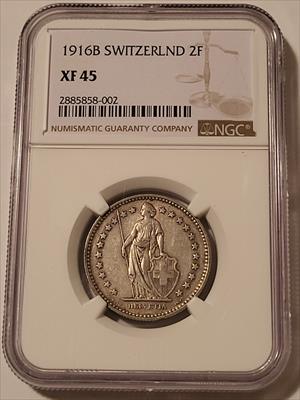 Switzerland 1916 B Silver 2 Francs XF45 NGC