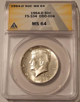 1964 D Kennedy Silver Half Dollar FS-104 DDO-004 MS64 ANACS