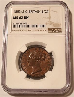 Great Britain Victoria 1853/2 1/2 Penny MS62 BN NGC